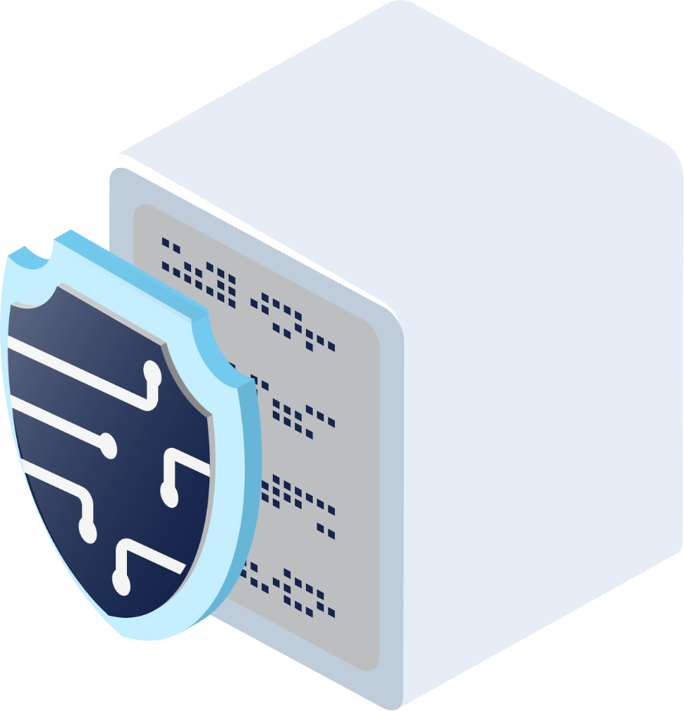 3D icon of a cybersecurity shield plus a compute cube