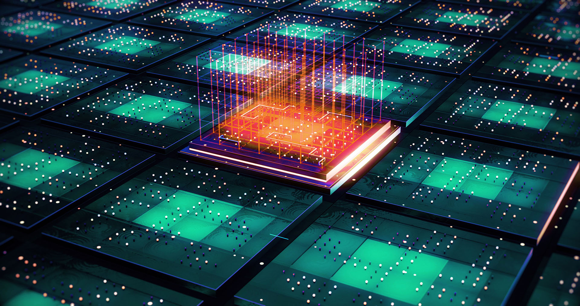 Green squares like a circuit board emulating a modular microgrid power concept