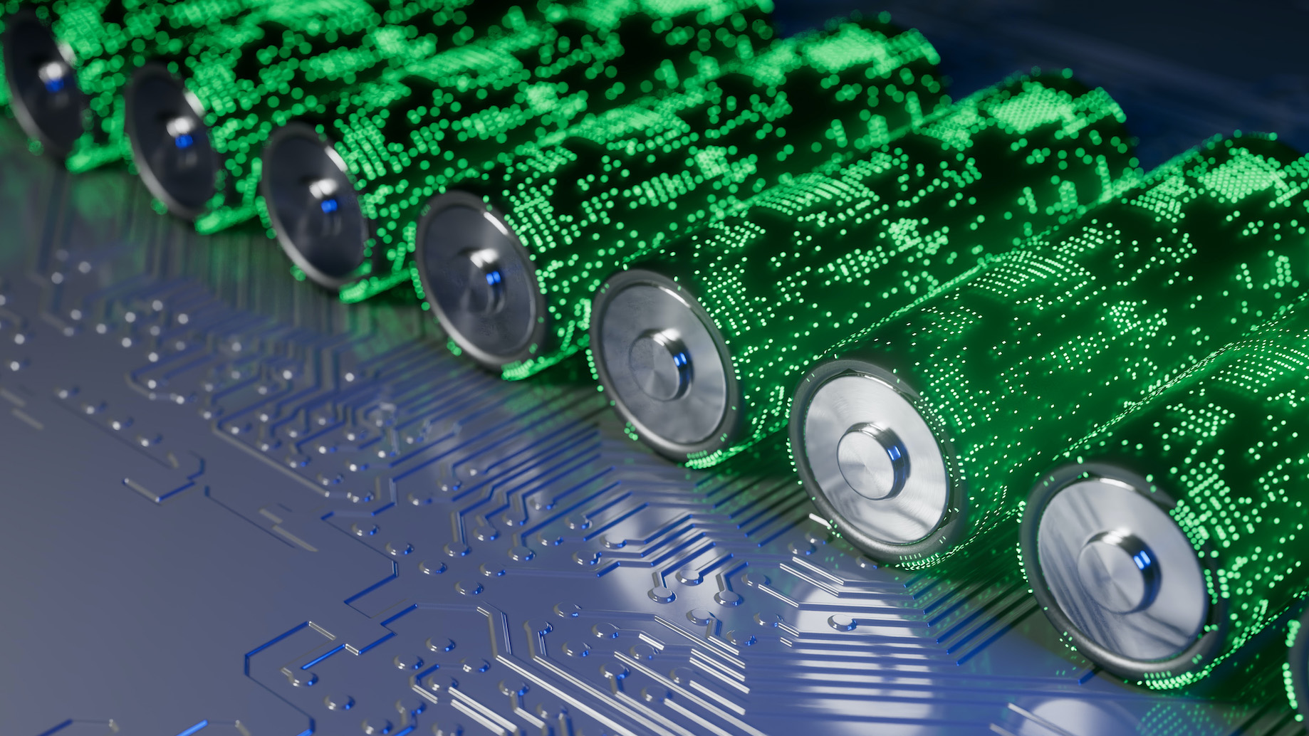 A row of batteries glows with a green digital overlay