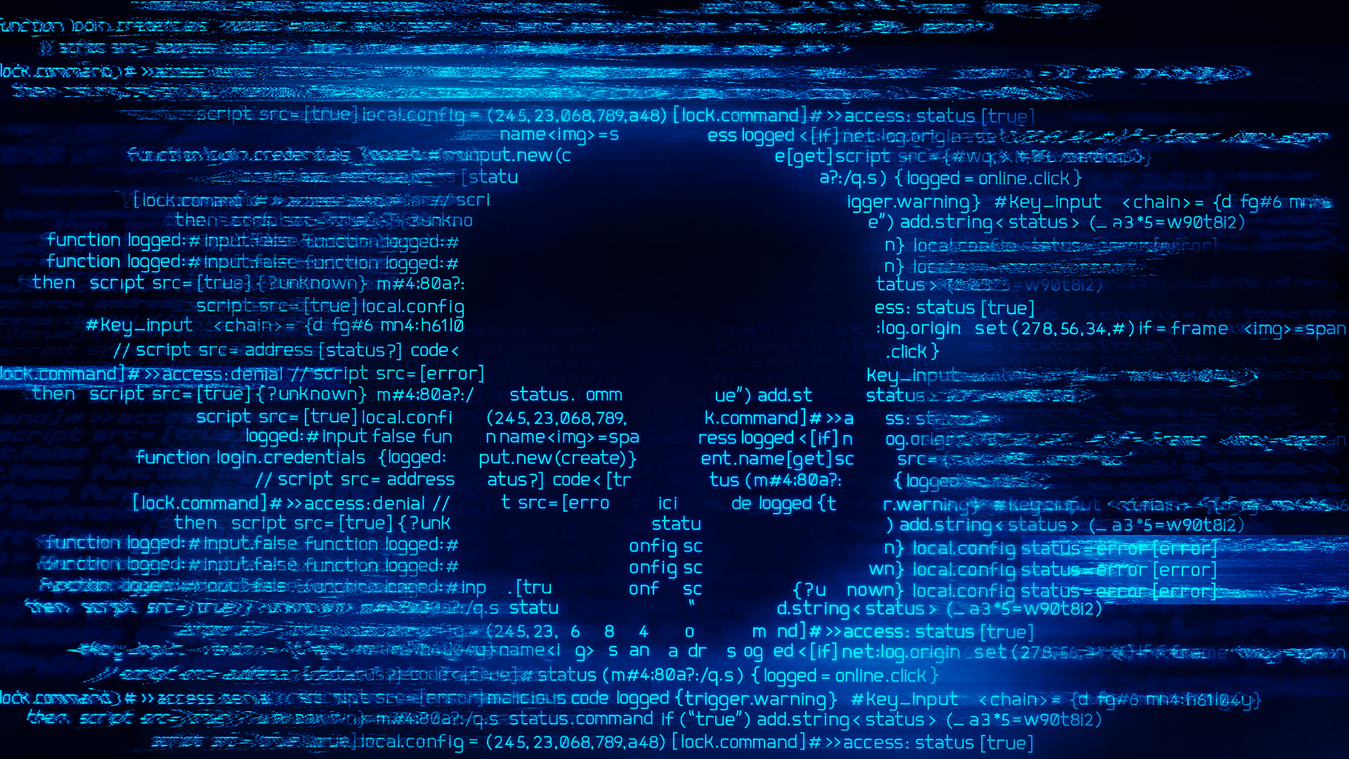 Malicious computer programming code in the shape of a skull. Online scam, hacking and digital crime background 3D illustration