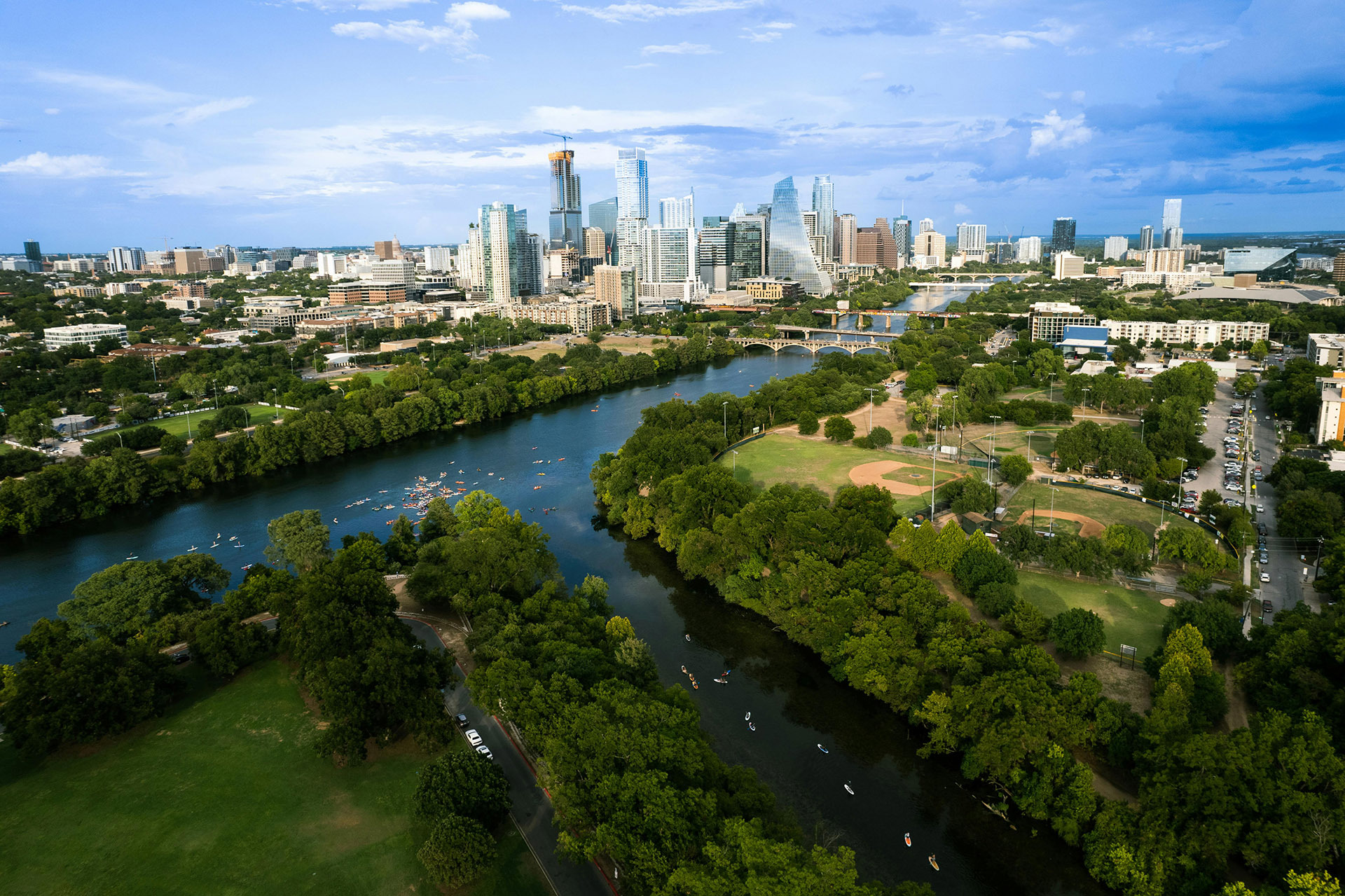 Aerial drone shot of Austin, Texas