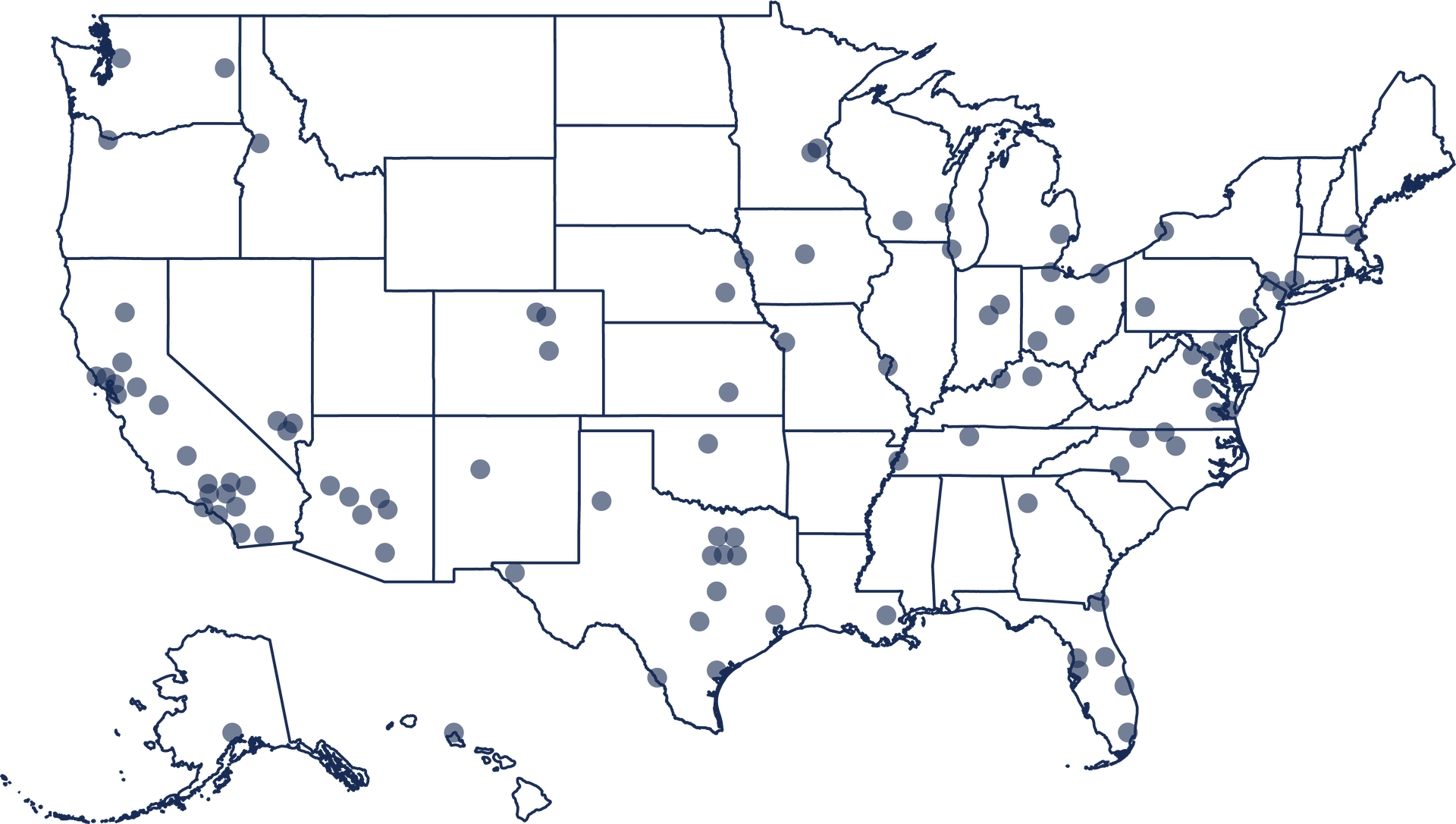 An outline map of the 50 US states, showing the 100 cities where Available is deploying Project Qestrel micro edge data centers